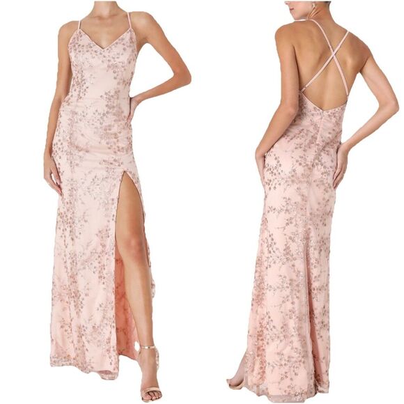 Lulus Dress Women's Medium Blissful Blossoms Blush Pink Sequin Backless Maxi NWT - Picture 1 of 11